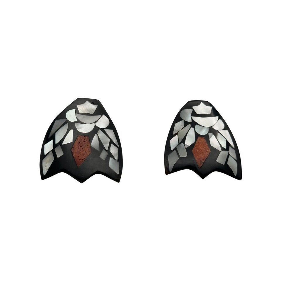 Vintage Mother Of Pearl & Resin Inlay Stud Earrings Bat wings Whimsical Unique